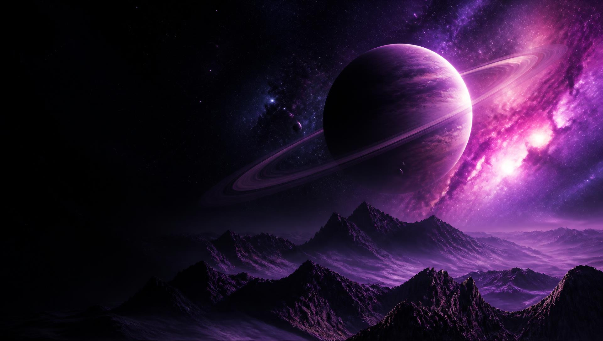 Ringed planet above violet alien mountains — 205o Area